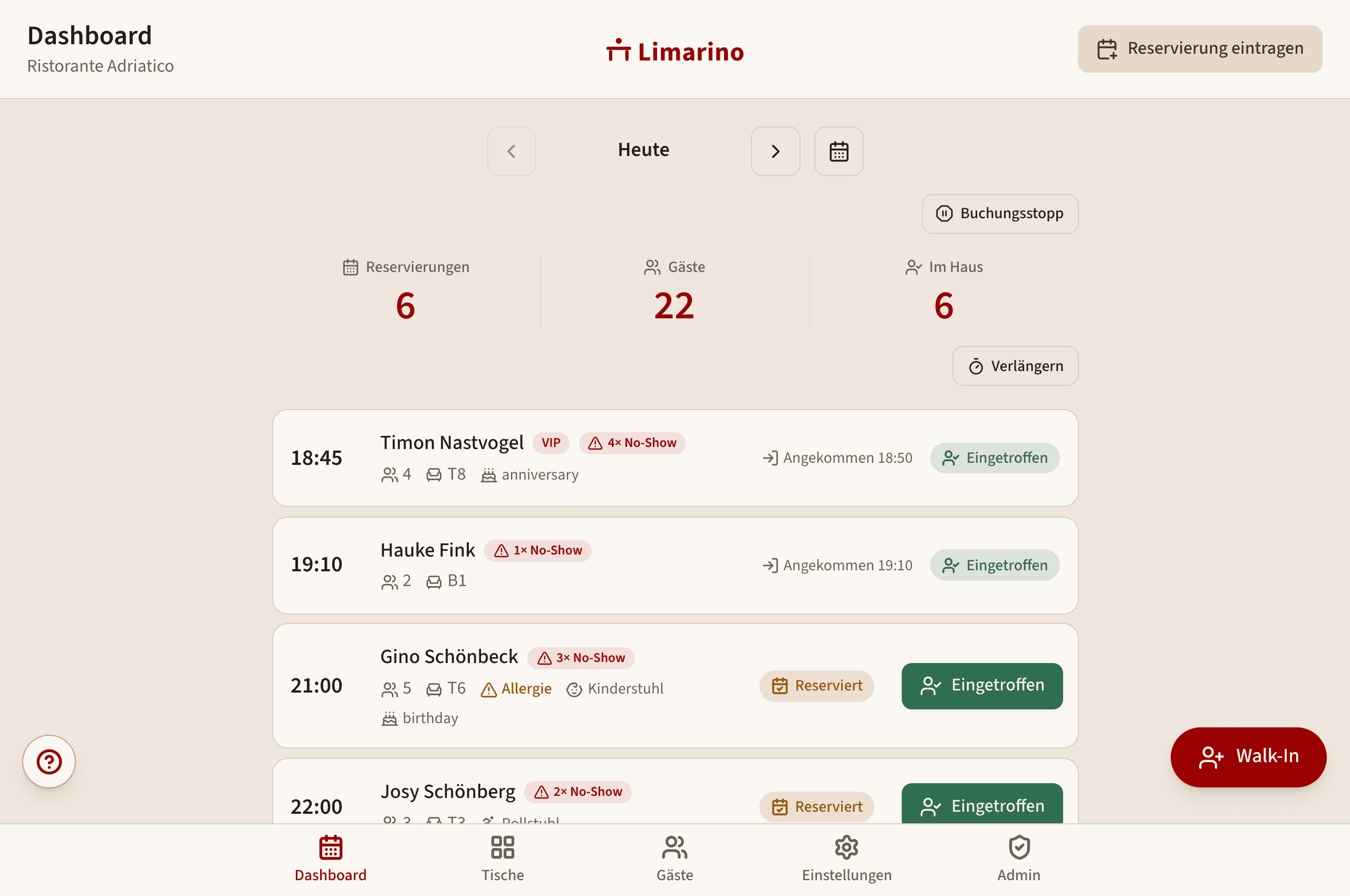 Echter Screenshot des Limarino-Dashboards: die Heute-Ansicht des Demo-Restaurants mit Reservierungsliste, Status je Gast und Walk-In-Knopf